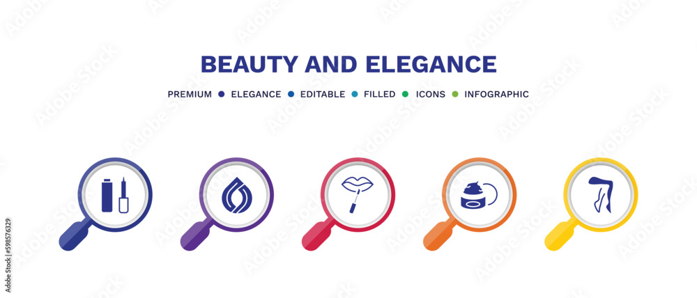 set of beauty and elegance filled icons. beauty and elegance filled icons with infographic template. flat icons such as eyeliner, hair sample, lip gloss, facial cream, legs vector.