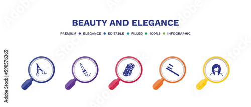 set of beauty and elegance filled icons. beauty and elegance filled icons with infographic template. flat icons such as hair scissors, curlers, bath sponge, toothbrush, woman face vector.