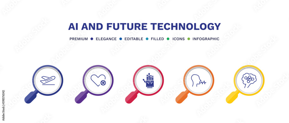 set of ai and future technology filled icons. ai and future technology filled icons with infographic template. flat icons such as aeroplane, healthcare, exoskeleton, voice recognition, ai brain