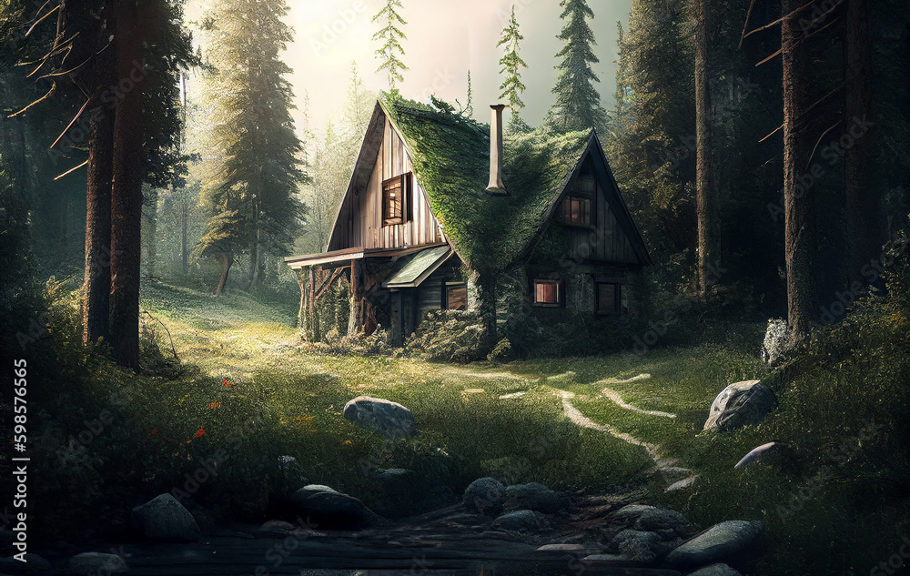 A Secluded Cabin Nestled Deep Within the Woods,  a Home Offering a Forest Haven of Serenity and Respite Amidst the Enchanting Embrace of Nature Timeless Beauty