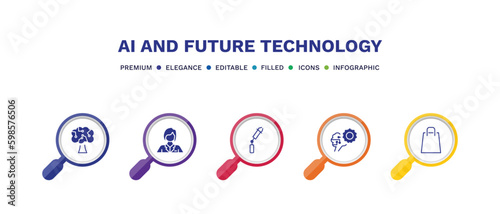 set of ai and future technology filled icons. ai and future technology filled icons with infographic template. flat icons such as technology tree, assistant, bionic arm, unsupervised learning,
