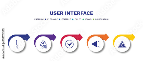 set of user interface filled icons. user interface filled icons with infographic template.flat icons such as arrow heading up, 4 ldpe, right, rewind, curvy road warning vector.