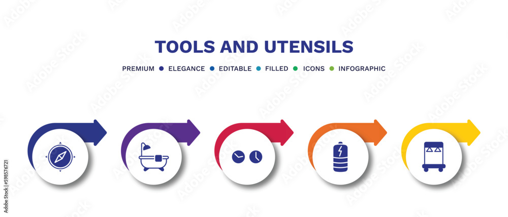 set of tools and utensils filled icons. tools and utensils filled icons with infographic template.flat icons such as cardinal points, bath tub, clocks, charged battery, clothes rack vector. set of tools and utensils filled icons. tools and utensils filled icons with infographic template.flat icons such as cardinal points, bath tub, clocks, charged battery, clothes rack vector.