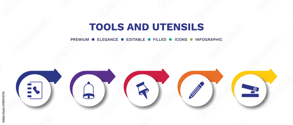 set of tools and utensils filled icons. tools and utensils filled icons with infographic template.flat icons such as telephone agenda, hanging bell, tack save button, pencil tool, hole puncher set of tools and utensils filled icons. tools and utensils filled icons with infographic template.flat icons such as telephone agenda, hanging bell, tack save button, pencil tool, hole puncher