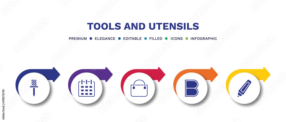 set of tools and utensils filled icons. tools and utensils filled icons with infographic template.flat icons such as auger, calendar page, bag with big handle, bold, highlight vector. set of tools and utensils filled icons. tools and utensils filled icons with infographic template.flat icons such as auger, calendar page, bag with big handle, bold, highlight vector.