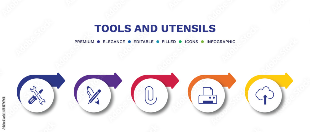 set of tools and utensils filled icons. tools and utensils filled icons with infographic template.flat icons such as reparation, writing tool, attachments, blank paper and printer, up arrow cloud set of tools and utensils filled icons. tools and utensils filled icons with infographic template.flat icons such as reparation, writing tool, attachments, blank paper and printer, up arrow cloud