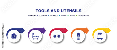 set of tools and utensils filled icons. tools and utensils filled icons with infographic template.flat icons such as cardinal points, bath tub, clocks, charged battery, clothes rack vector.