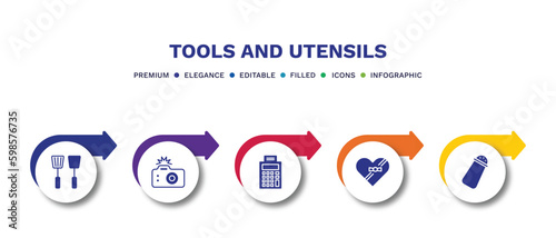 set of tools and utensils filled icons. tools and utensils filled icons with infographic template.flat icons such as kitchen tools, camera with flash, printing calculator, chote box, pepper