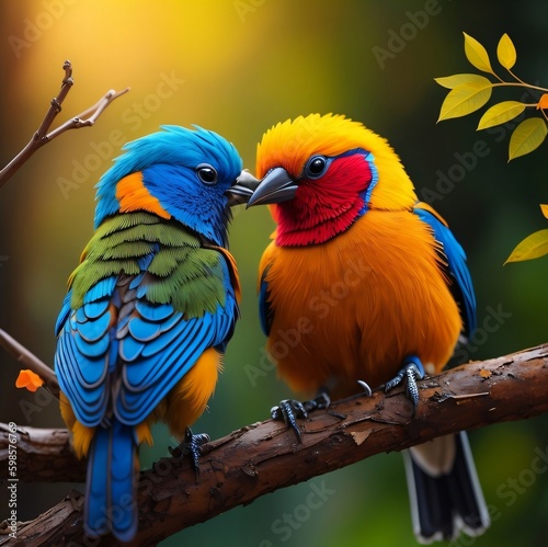 Birds kissing each other, cute and colorful birds, kissing on a tree branch. Romantic and Dramatic feeling, Beautiful light. Generative AI.