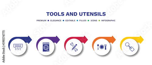 set of tools and utensils filled icons. tools and utensils filled icons with infographic template.flat icons such as air conditioning, top load washer, edit tools, dining, key ring vector.