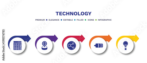 set of technology filled icons. technology filled icons with infographic template.flat icons such as basic calculator, front webcam, circular database, battery with two bars, light bulb turned off