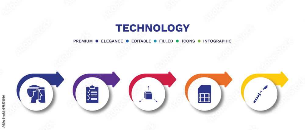 set of technology filled icons. technology filled icons with infographic template.flat icons such as face shield, summary, cad, big, electronic cigarette vector.