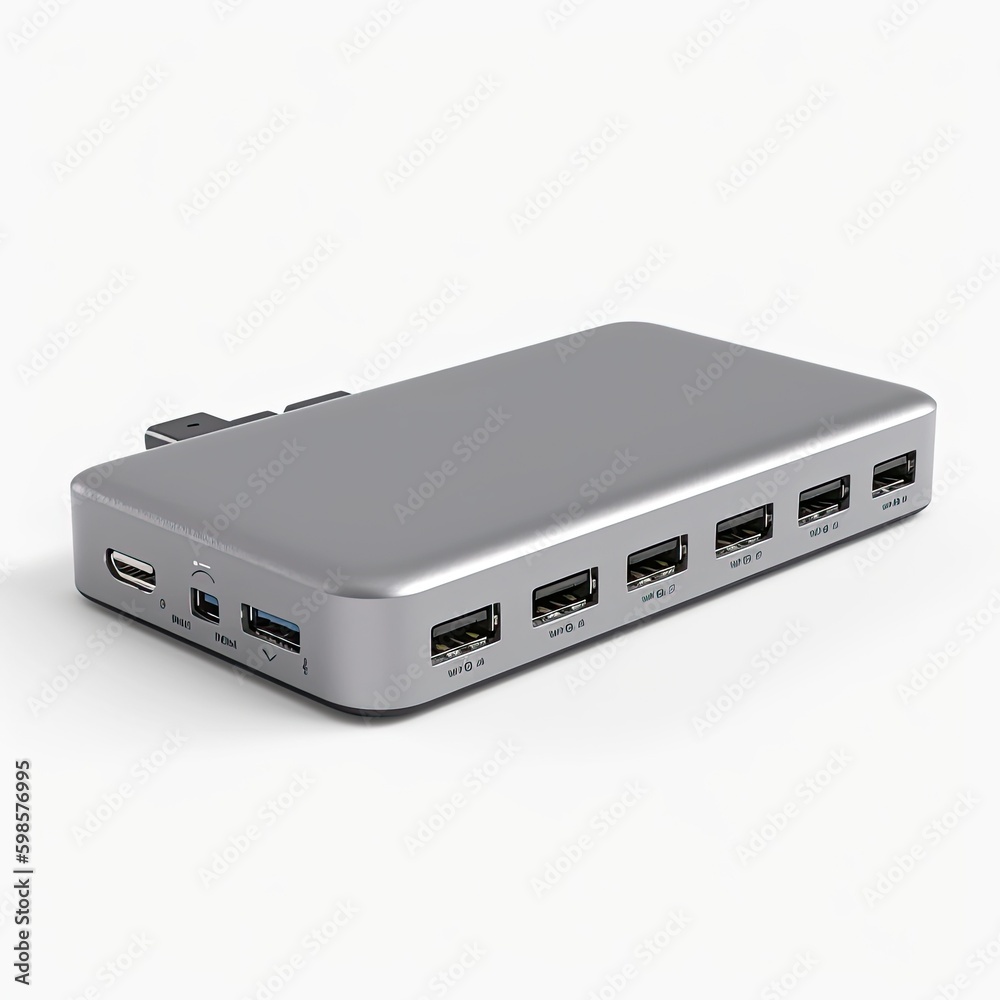 Compact USB - C hub with multiple ports isolated on a white background, generative ai Compact USB - C hub with multiple ports isolated on a white background, generative ai