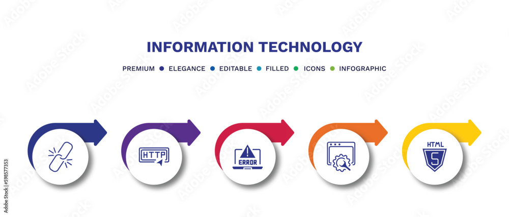 set of information technology filled icons. information technology filled icons with infographic template.flat icons such as broken link, http, program error, web optimization, html5 vector.