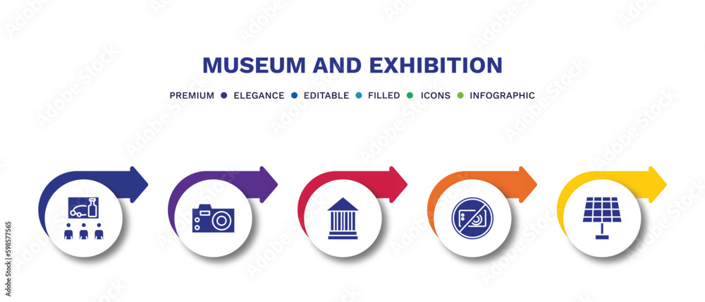 set of museum and exhibition filled icons. museum and exhibition filled icons with infographic template.flat icons such as tour, photographic, modern art, no photo, panel vector. set of museum and exhibition filled icons. museum and exhibition filled icons with infographic template.flat icons such as tour, photographic, modern art, no photo, panel vector.