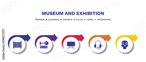 set of museum and exhibition filled icons. museum and exhibition filled icons with infographic template.flat icons such as paper scroll, fishbone, museum canvas, audio guide, remains vector.