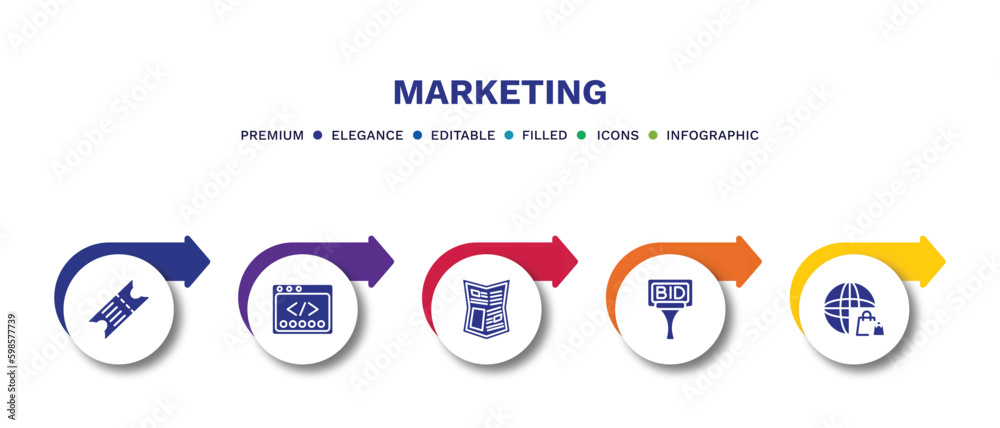 set of marketing filled icons. marketing filled icons with infographic template.flat icons such as eticket, webcode, gazette, bid, web shop vector.