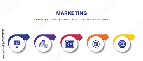 set of marketing filled icons. marketing filled icons with infographic template.flat icons such as marketing presentation, enterprise, video viral, ad blocker vector.