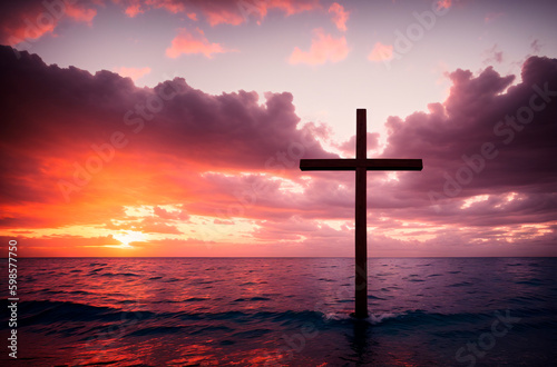 Christian cross in the ocean at sunset. Generative AI.