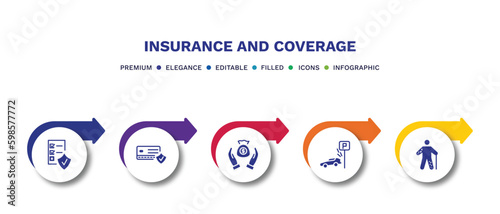 set of insurance and coverage filled icons. insurance and coverage filled icons with infographic template.flat icons such as contract coverage, payment protection, savings, parking crash, wounded