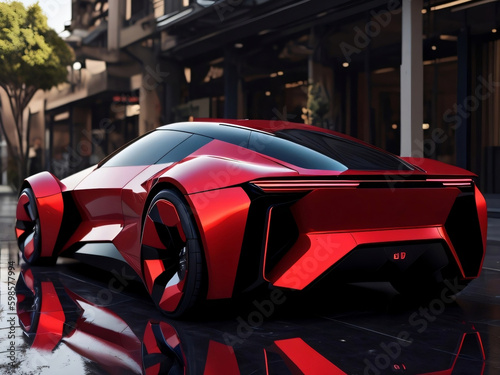 Red EV supercar  EV car  futuristic design  beautiful red color  running in the city  isolated background. Generative AI.