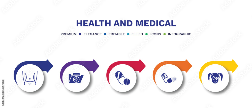 set of health and medical filled icons. health and medical filled icons with infographic template.flat icons such as body, medical file, contraceptive pills, pills, girl vector.