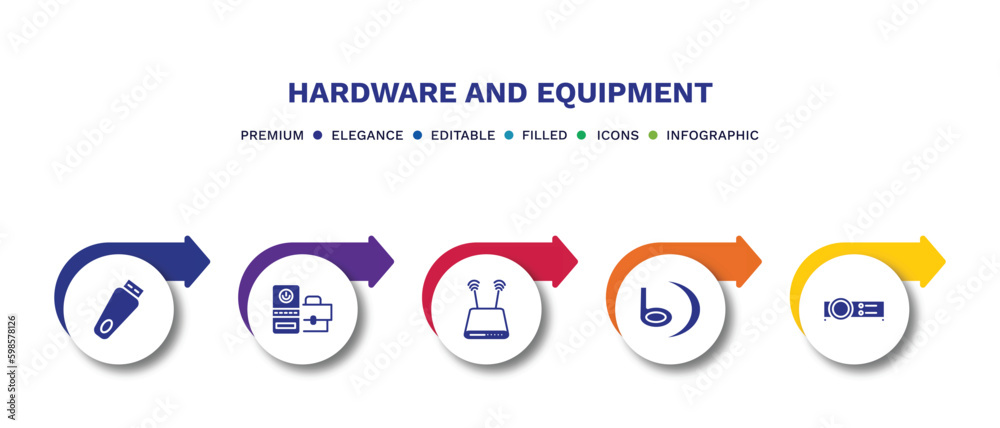 set of hardware and equipment filled icons. hardware and equipment filled icons with infographic template.flat icons such as pendrive with cover, device manager, modem with two antenna, , video set of hardware and equipment filled icons. hardware and equipment filled icons with infographic template.flat icons such as pendrive with cover, device manager, modem with two antenna, , video