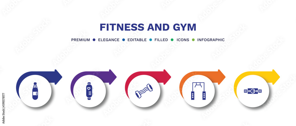 set of fitness and gym filled icons. fitness and gym filled icons with infographic template.flat icons such as boxing bag, sport watch, resistance, training apparatus, fitness belt vector.