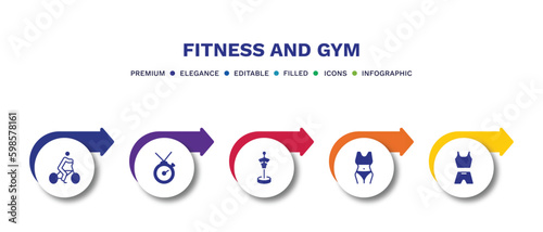 set of fitness and gym filled icons. fitness and gym filled icons with infographic template.flat icons such as riding bicycle, training watch, boxing mannequin, fitness body, sport wear vector.