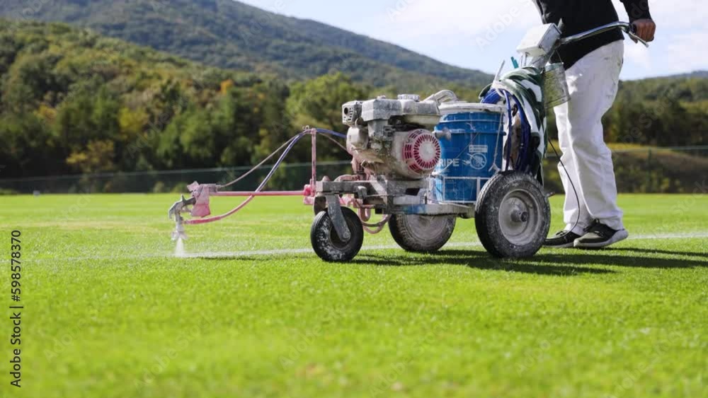 Line painting machine being pushed by operator to paint lines on football field with mountains in the background. Line painting machine being pushed by operator to paint lines on football field with mountains in the background.