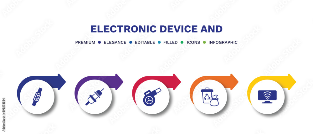 set of electronic device and filled icons. electronic device and filled icons with infographic template.flat icons such as smartband, connector, leaf blower, garbage disposal, smart tv vector. set of electronic device and filled icons. electronic device and filled icons with infographic template.flat icons such as smartband, connector, leaf blower, garbage disposal, smart tv vector.