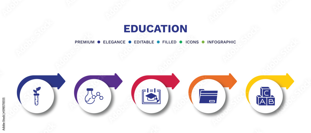 set of education filled icons. education filled icons with infographic template.flat icons such as plant sample, chemical content, school calendar, black folder, baby abc cubes vector.