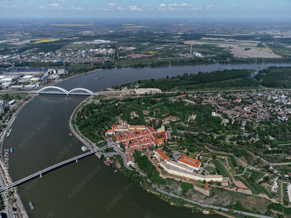 Drone areal shot of Petrovaradin fortress located on the Danube River bank across from Novi Sad. Serbia
