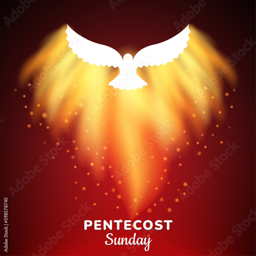 Pentecost Sunday Christian holiday Abstract Poster. Whit Sunday, Whitsunday or Whitsun Vector Illustration. Holy spirit or Holy Ghost. White dove flame graphic. Social media post, Prayer card, website