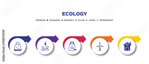 set of ecology filled icons. ecology filled icons with infographic template.flat icons such as eco bag, green energy source, recycled bag, wind mills, green home vector.