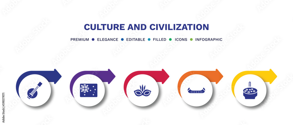 set of culture and civilization filled icons. culture and civilization filled icons with infographic template.flat icons such as kora, australian flag, brazil carnival mask, native american canoe,