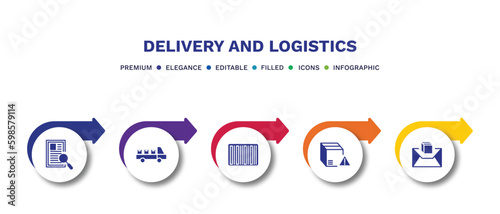 set of delivery and logistics filled icons. delivery and logistics filled icons with infographic template.flat icons such as waybill, cargo, bar code, delivery warning, air mail vector.
