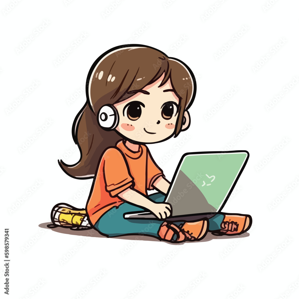 Cute little girl working and studying using laptop cartoon flat character vector illustration Cute little girl working and studying using laptop cartoon flat character vector illustration