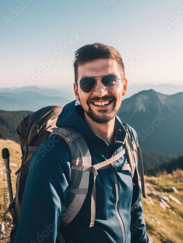 Smiling man in the mountains during a trekking walk. Generative AI