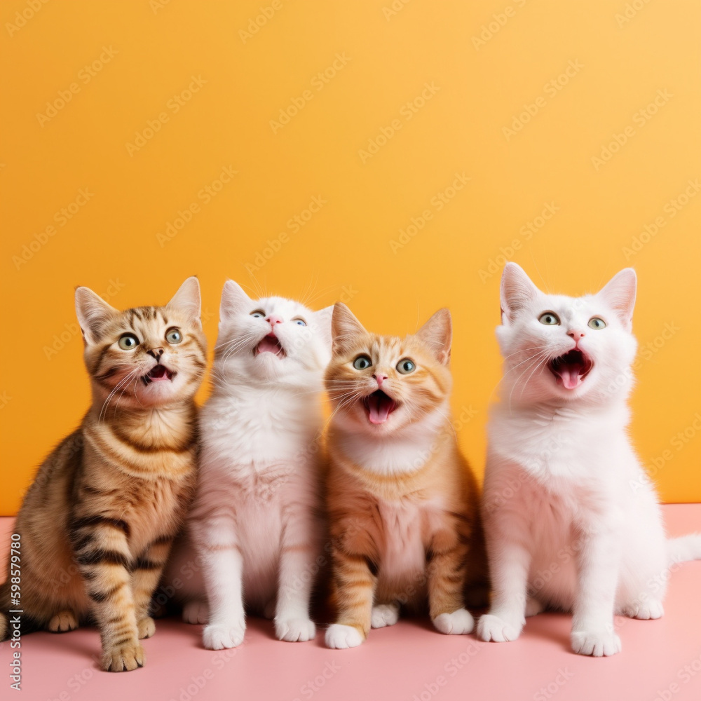 Studio shot of four cats sitting on a single color background
