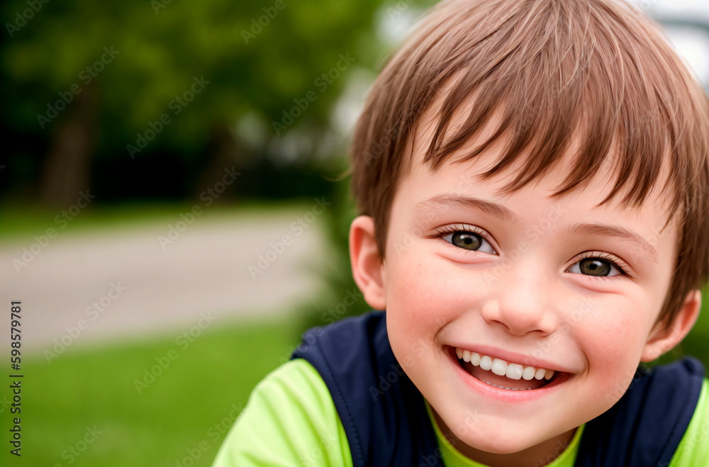 Little positive boy. Portrait of happy kid with smile on face. Generative AI. Little positive boy. Portrait of happy kid with smile on face. Generative AI.