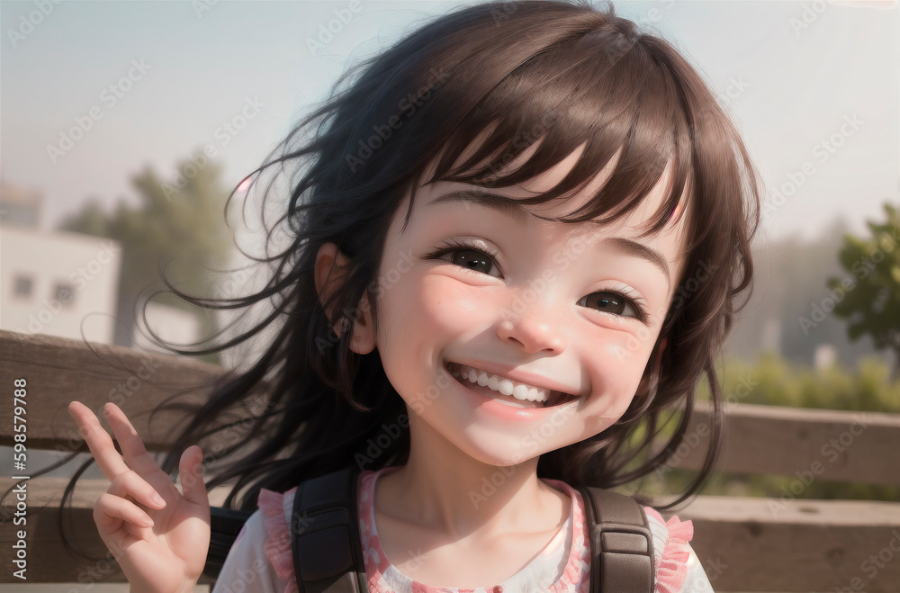 Little positive girl on city street. Portrait of happy kid with smile on walk. Generative AI. Little positive girl on city street. Portrait of happy kid with smile on walk. Generative AI.