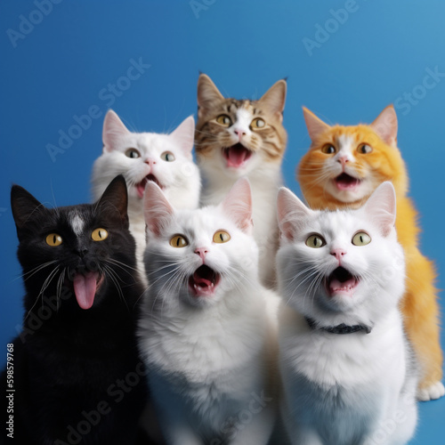 Studio shot of six cats sitting on a single color background