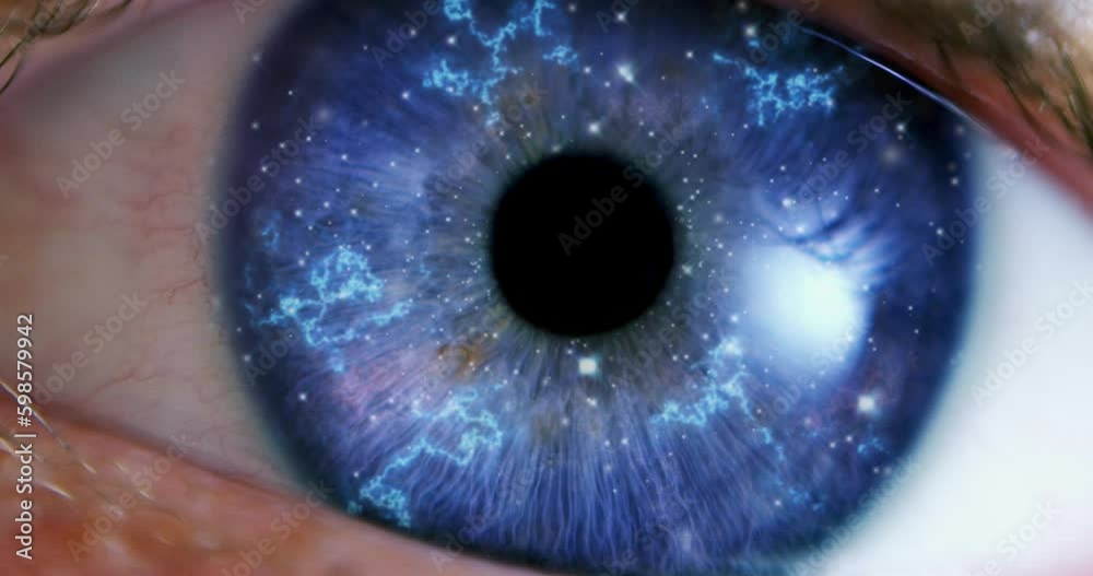 VFX Transition: Camera Moving Through Extreme Close-Up Of Eye Into Animation Of Beautiful Universe in Outerspace With Planets, Stars. Visualization Of Human Nature Complexity or Inner Beauty.