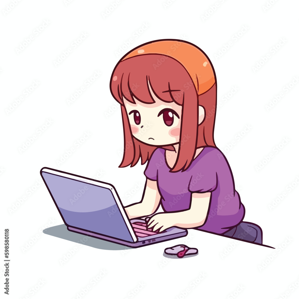 Cute little girl working and studying using laptop cartoon flat character vector illustration Cute little girl working and studying using laptop cartoon flat character vector illustration