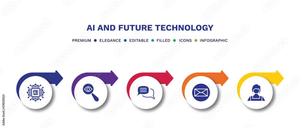set of ai and future technology filled icons. ai and future technology filled icons with infographic template.flat icons such as ai grid, detection, speech, mail, shop assistant vector.
