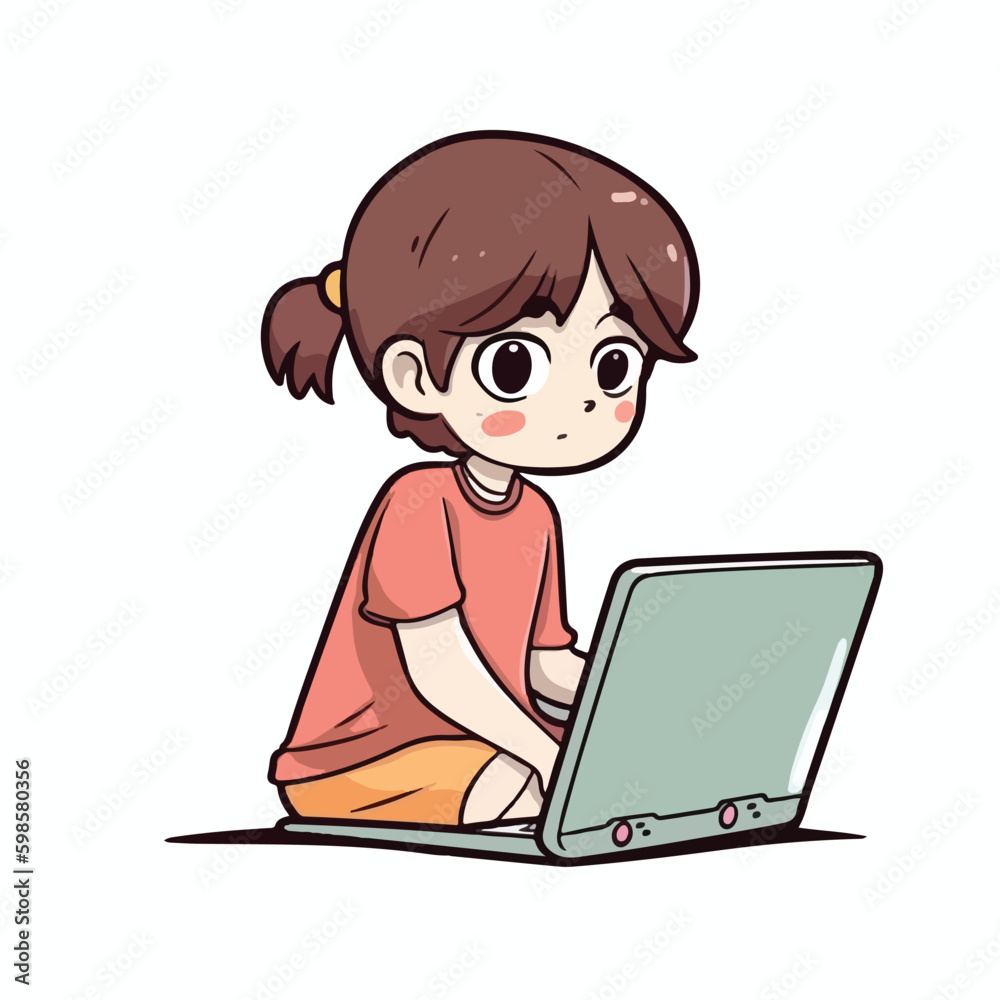 Cute little girl working and studying using laptop cartoon flat character vector illustration Cute little girl working and studying using laptop cartoon flat character vector illustration