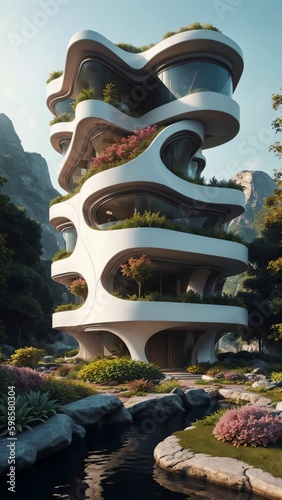 Landscape of a sci-fi futuristic vertical village residential building in nature, surrounded by lush broadleaf vegetation - Generative AI Illustration © Starstruck