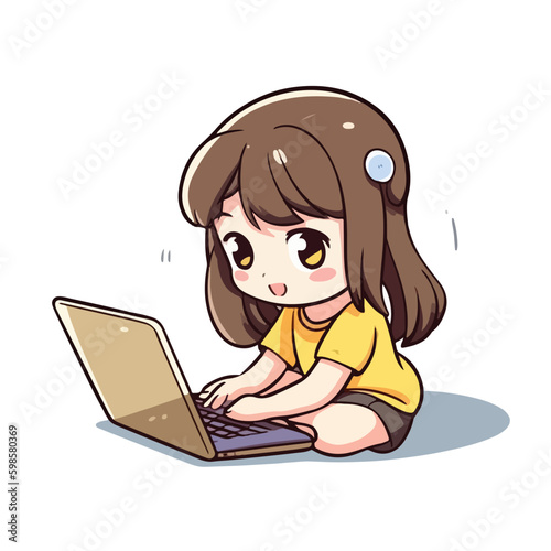 Cute little girl working and studying using laptop cartoon flat character vector illustration