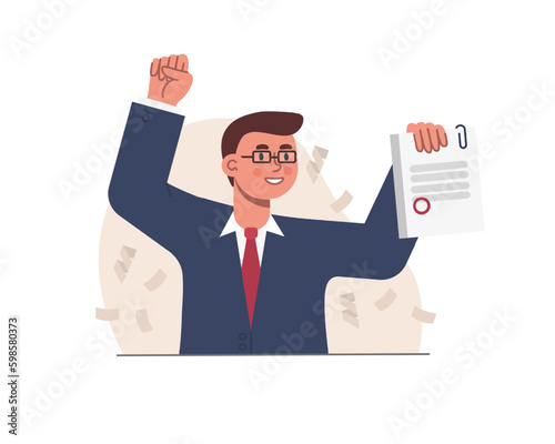 Excited cartoon male wearing eyeglasses raising certificate illustration